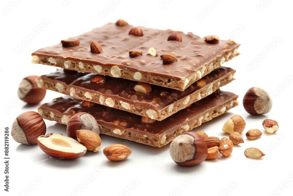 Poster a close-up shot of a delicious-looking chocolate bar filled with nuts, perfect for snacking or addin