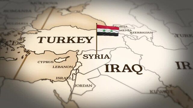 Syria flag showing on world map with 3D rendering