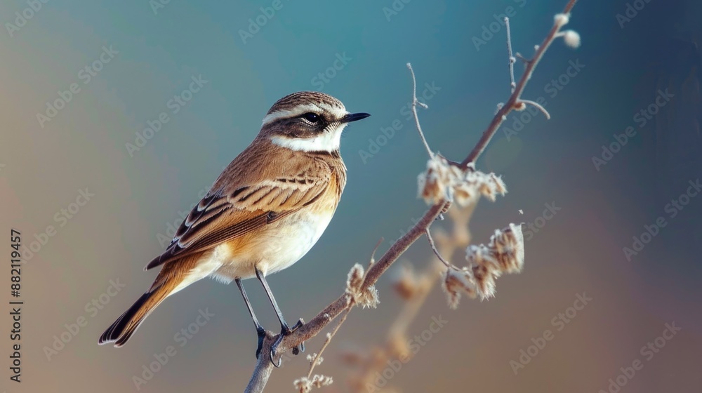 Poster a small bird perches on a branch, with its feathers displaying a mix of brown and white colors