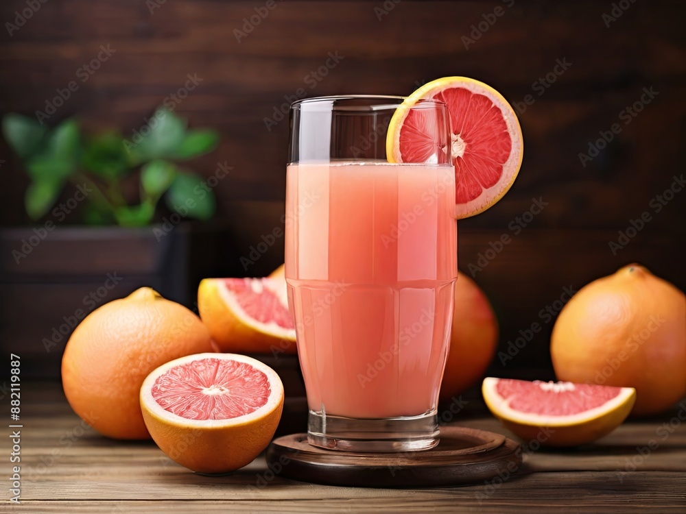 Poster a tall glass of freshly squeezed grapefruit juice with a slice of grapefruit on the rim, sitting on 