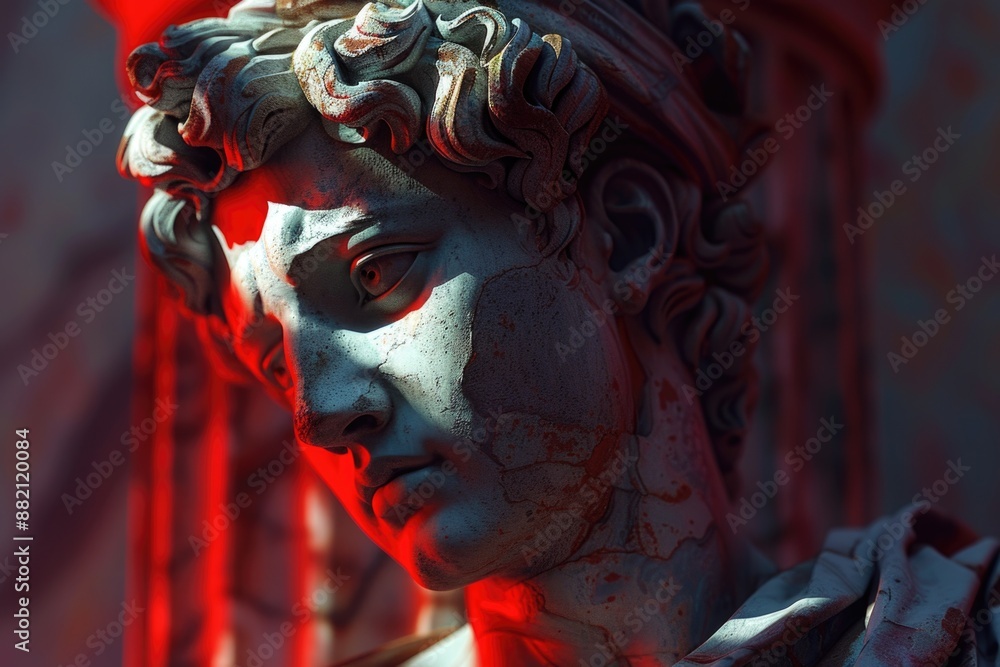 Poster close-up shot of a life-sized statue of a man, with intricate details and facial expressions