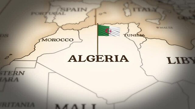 Algeria flag showing on world map with 3D rendering