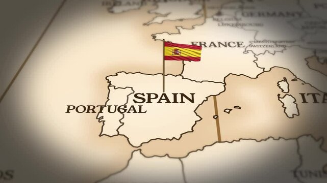 Spain flag showing on world map with 3D rendering
