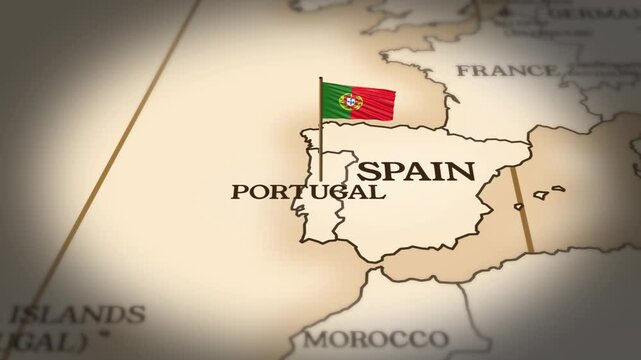 Portugal flag showing on world map with 3D rendering
