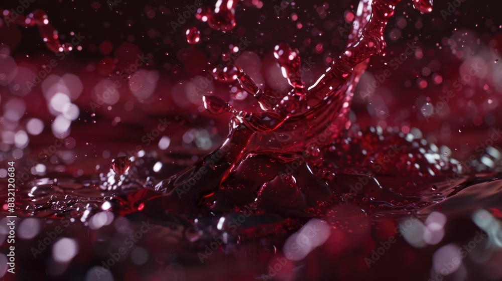 Poster a close-up shot of red liquid splashing onto a black surface, possibly representing a creative or ar