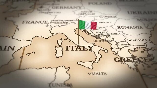 Italy flag showing on world map with 3D rendering