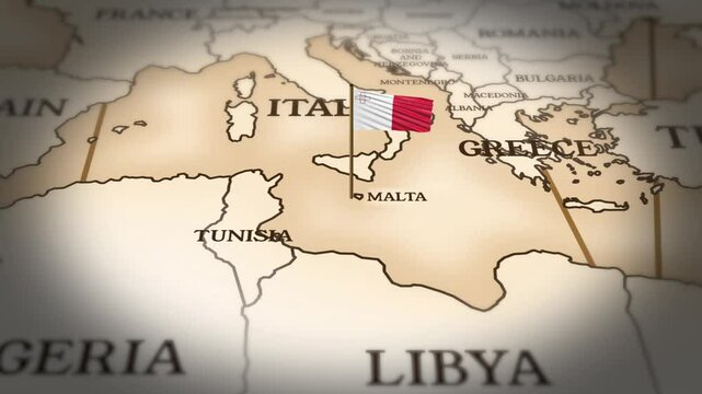 Malta flag showing on world map with 3D rendering