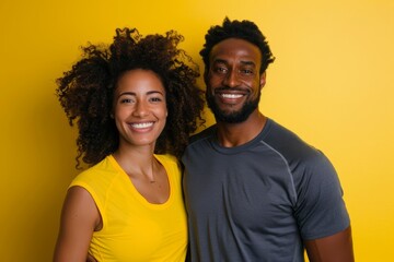 Obraz premium Portrait of a happy multiethnic couple in their 30s wearing a moisture-wicking running shirt in pastel yellow background