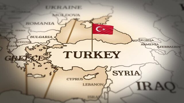 Turkey flag showing on world map with 3D rendering