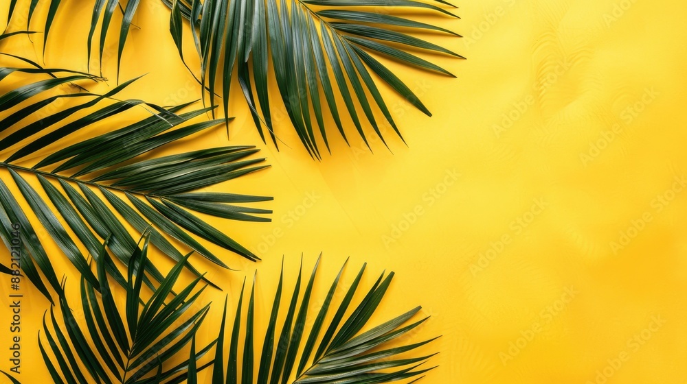 Wall mural Tropical palm leaf on yellow background summer theme flat lay square view