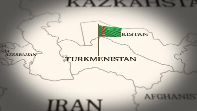 Turkmenistan flag showing on world map with 3D rendering