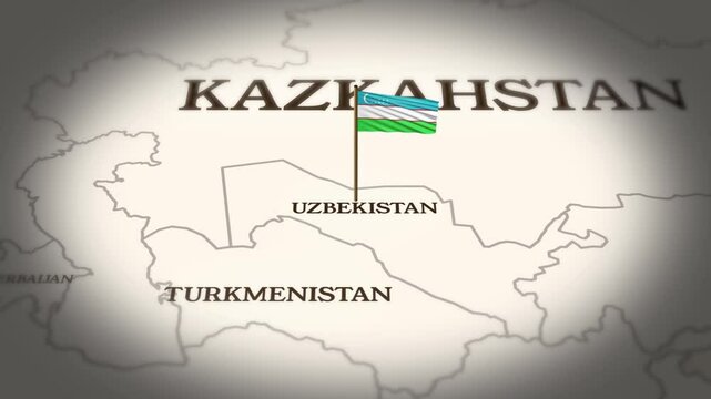 Uzbekistan flag showing on world map with 3D rendering