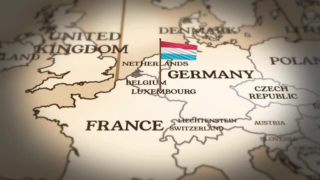 Luxembourg flag showing on world map with 3D rendering