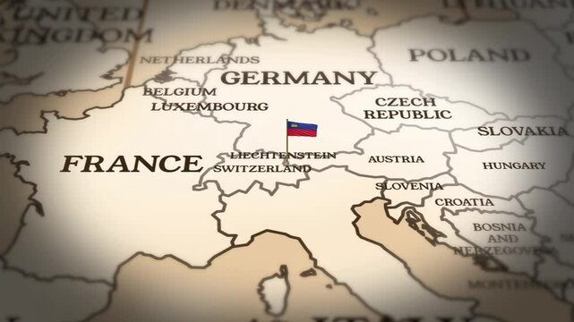 Liechtenstein flag showing on world map with 3D rendering