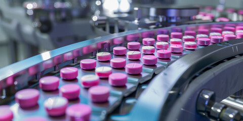 Obraz premium Close up of Pharmaceutical Production Line with Pink Pills in a Modern Factory Setting