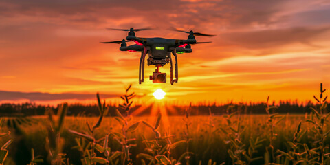 Drone Flying Over Sunset Field with Glowing Sky and Scenic Background