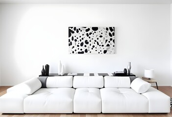a living room with two white couches and a coffee table, black color on white background, 
