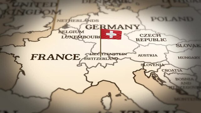 Switzerland flag showing on world map with 3D rendering