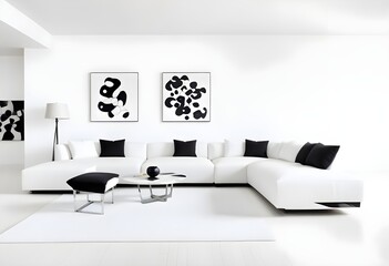 a living room with two white couches and a coffee table, black color on white background, 
