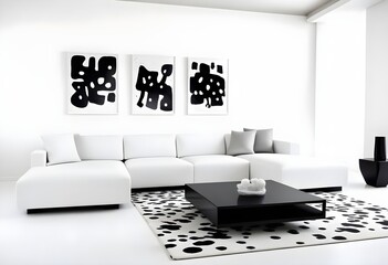 a living room with two white couches and a coffee table, black color on white background, 
