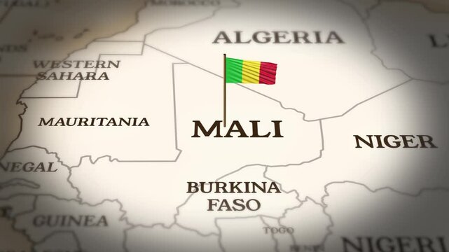 Mali flag showing on world map with 3D rendering