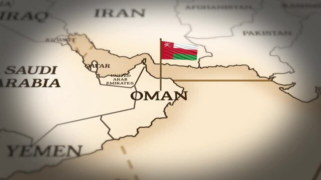 Oman flag showing on world map with 3D rendering