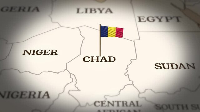 Chad flag showing on world map with 3D rendering
