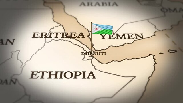 Djibouti flag showing on world map with 3D rendering