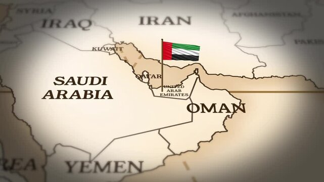 United Arab Emirates flag showing on world map with 3D rendering