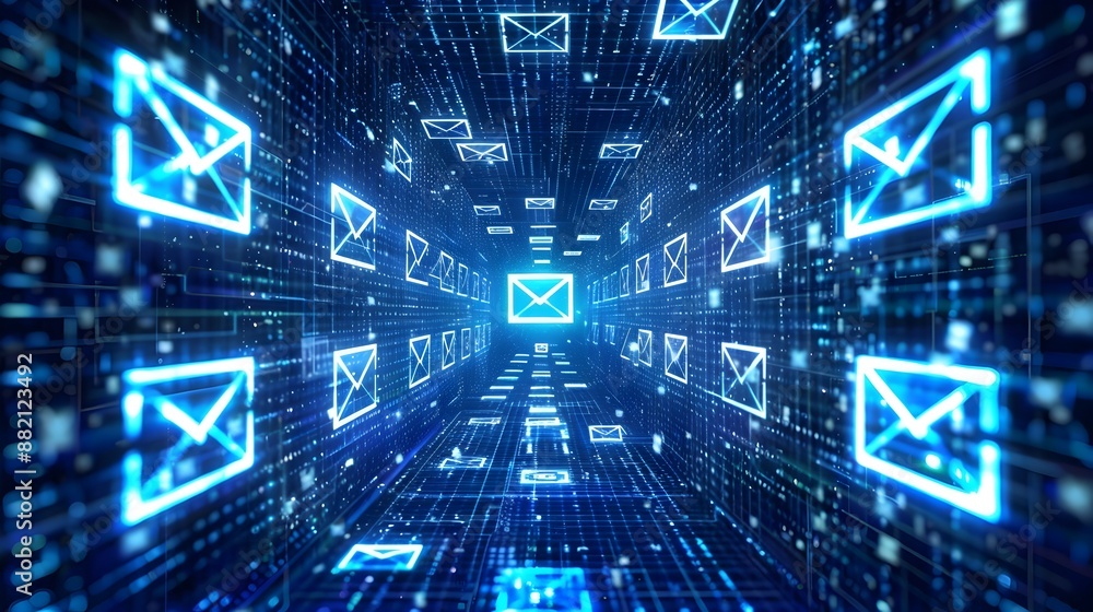 Poster glowing digital tunnel with envelope symbols for online communication and data transfer