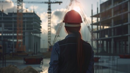Female Engineer Supervising Construction Site at Sunset