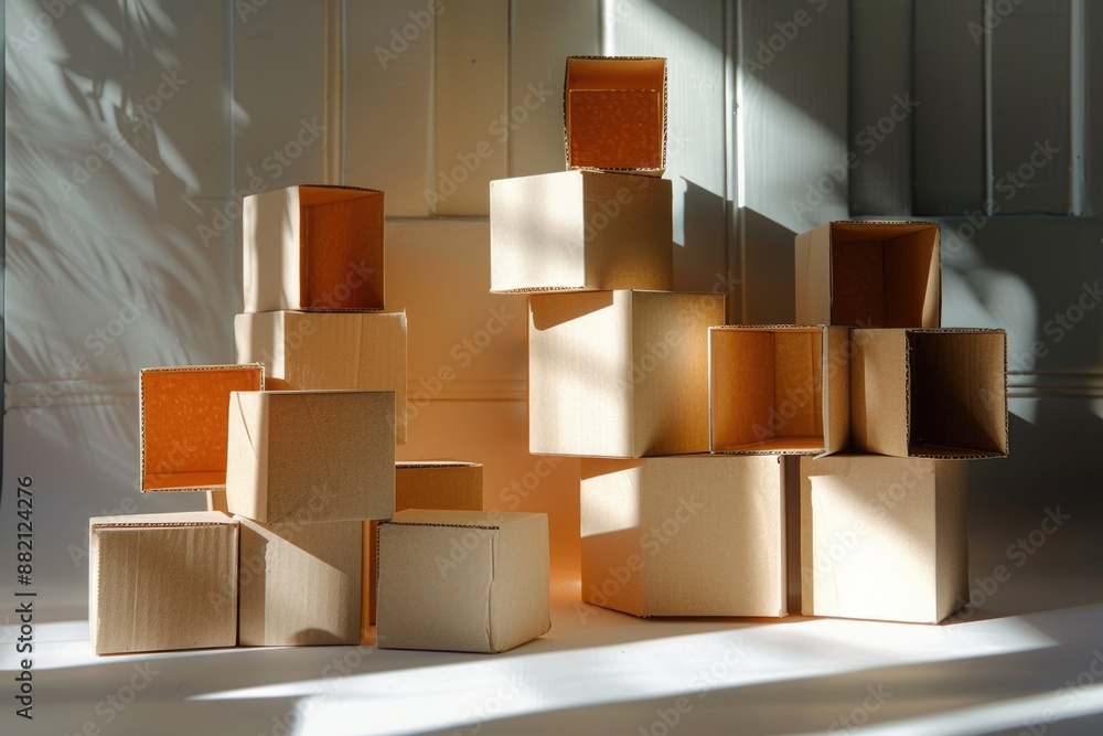 Poster a stack of cardboard boxes on the floor, with no context or details provided