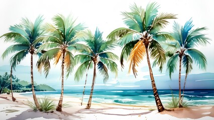 Obraz premium Watercolor painting of palm trees under the summer sun. Illustration of palm trees on the beach with ocean sea. Background for prints and banners on the theme of Summer travel.
