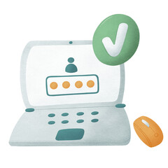 Computer with the checkmark confirming the user is logged into account