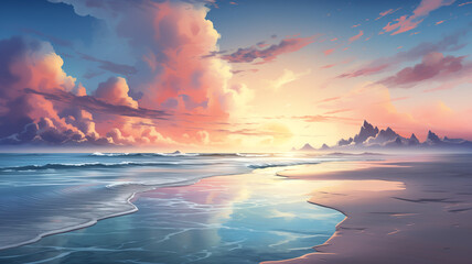 Fototapeta premium Evening sea view with golden light from the sun Beautiful sunset painting beach birds flying painting wallpaper picture Ai generated art Twilight beach Idyllic tropical beach landscape for background 