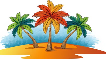 Obraz premium Watercolor painting of palm trees under the summer sun. Illustration of palm trees on the beach with ocean sea. Background for prints and banners on the theme of Summer travel.