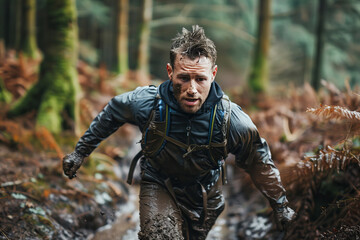 Obraz premium Determined male athlete is pushing through a muddy trail run in the forest