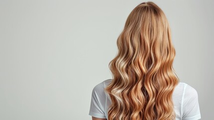 Naklejka premium Back view of a woman with long wavy blonde hair