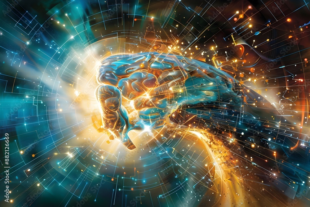 Poster futuristic hippocampus brain explosion:visualizing the dynamic interconnectivity of the mind