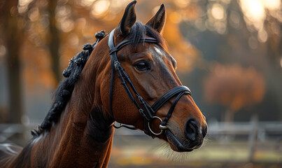 Brown Horse Portrait in Autumn A close-up of a brown horse wearing a black bridle, looking to the right.