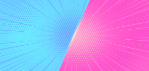 Flat design blue and pink comic style background. Pop art comic background lightning blast halftone dots. hero battle challenge retro design. VS lightning design template.