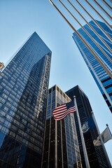 A low angle shot of skyscrapers in New York City with the American flag waving in the breeze. © Bliss