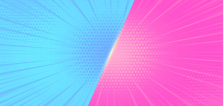 Flat design blue and pink comic style background. Pop art comic background lightning blast halftone dots. hero battle challenge retro design. VS lightning design template.