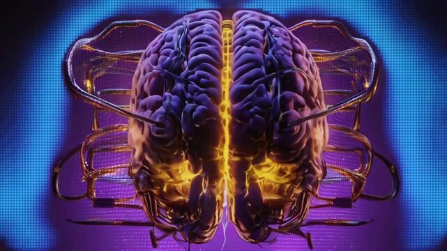 Neural Pathways: Artistic brain depiction with blue and orange glowing lines on purple, divided by yellow-orange light. Ideal for neuroscience, AI, or brain function discussions.