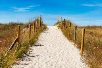 Fototapeta premium Fenced path on a fine sand dune that leads to Samil beach in Navia, Vigo, Galicia.