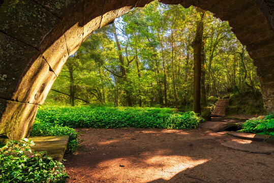 Arco da Moura, arch under the aqueduct of the Enchanted Forest, with stairs through which the path runs between the trees, Aldan, Cangas de Morrazo, Pontevedra.