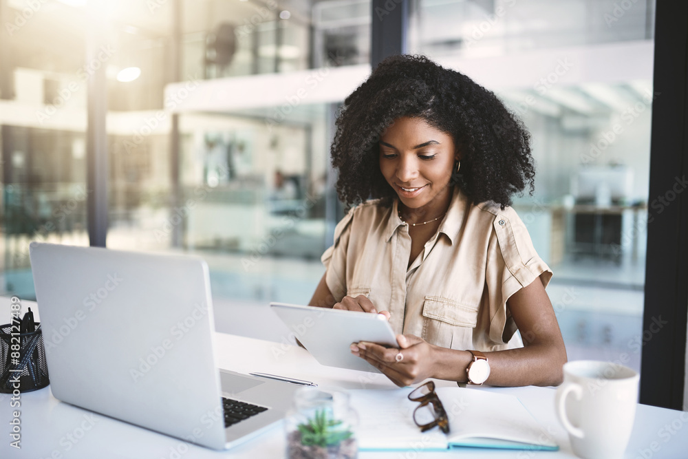 Poster woman, working and tablet in office for business, browsing and planning schedule on digital app. com