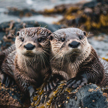 two friendly otters on the isle of arran scotland