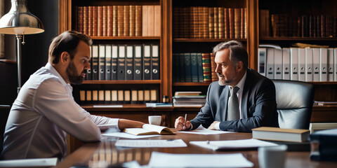 A lawyer and client having a serious discussion in a modern law office, with legal documents and a bookshelf filled with law books visible in the background.