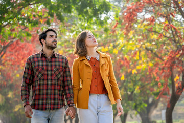 Fototapeta premium happy young caucasian couple hands holding each other walking in autumn park,concept of people lifestyle,love,relationship and family